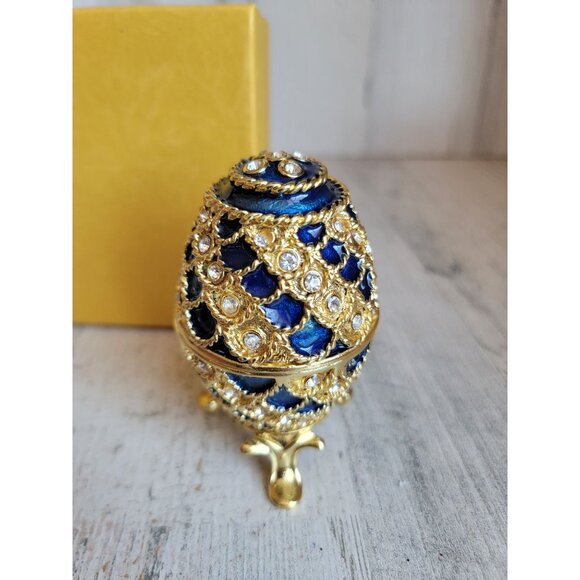 Blue trinket box egg golden enameled hinged Easter home decor unique - Picture 13 of 13